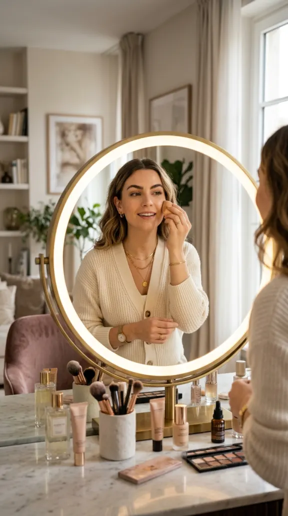 Beauty KI-Influencerin beim Make-up vor dem Spiegel