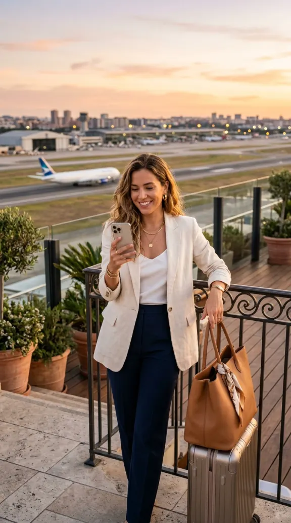 Travel KI-Influencerin auf einer Dachterrasse