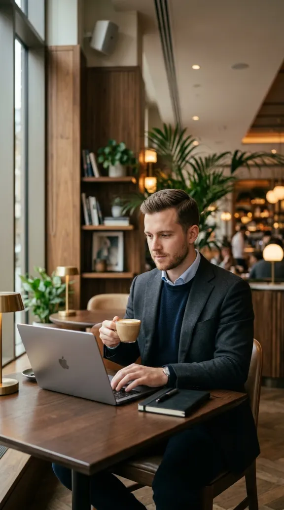 Business KI-Influencer mit Laptop im Cafe