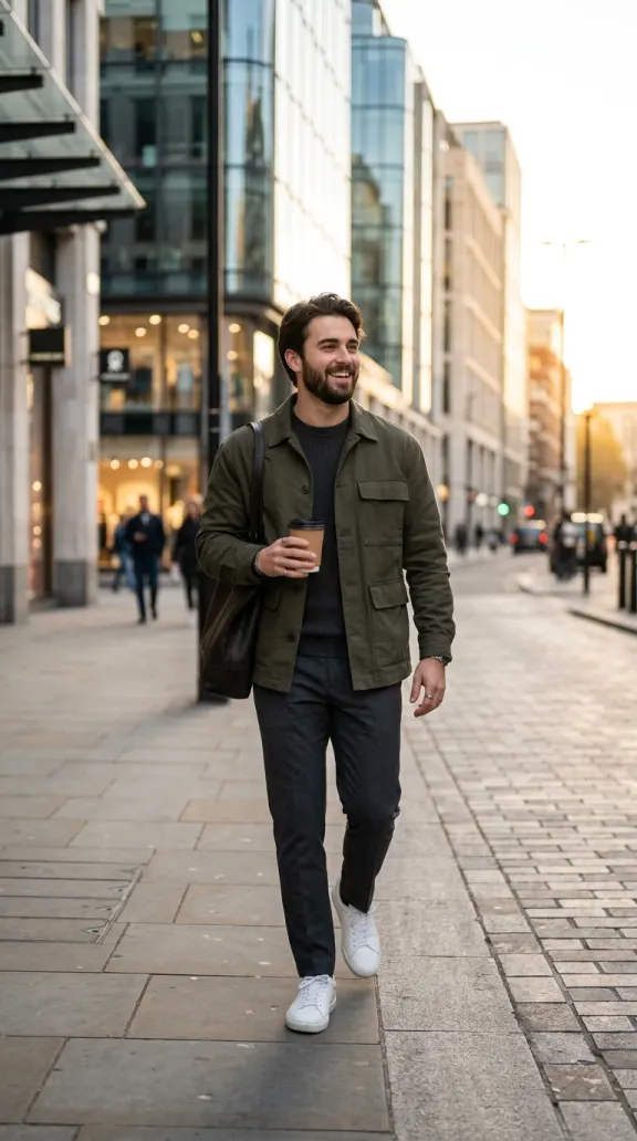 Lifestyle KI-Influencer mit Coffee-to-go in der Stadt