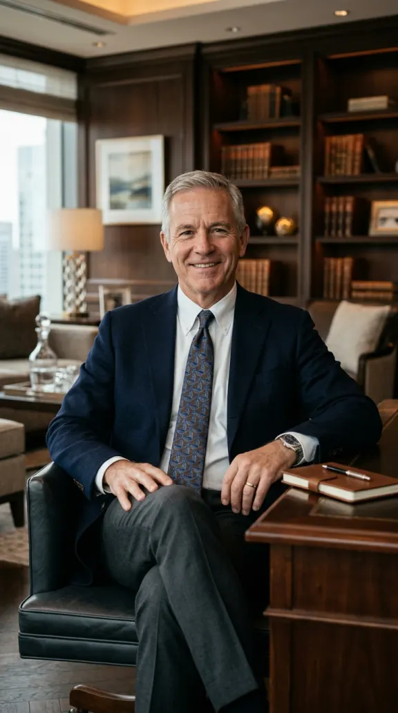 Reifer Berater als KI-Influencer in einer Lounge