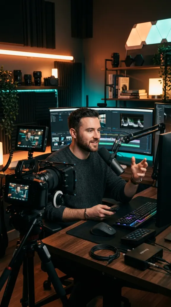 Tech Creator KI-Influencer an seinem Setup