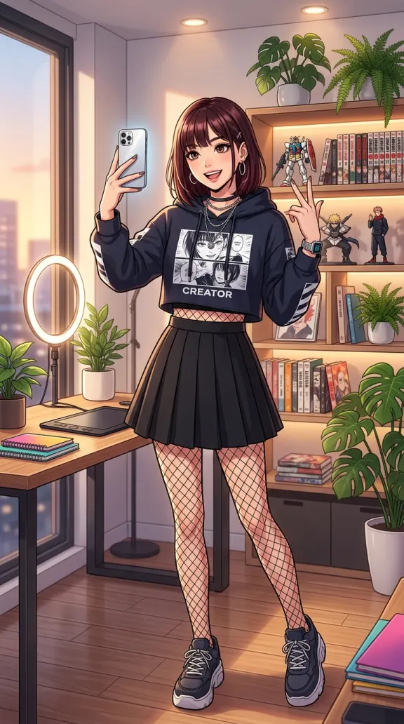 Manga KI-Influencerin im Social-Setup