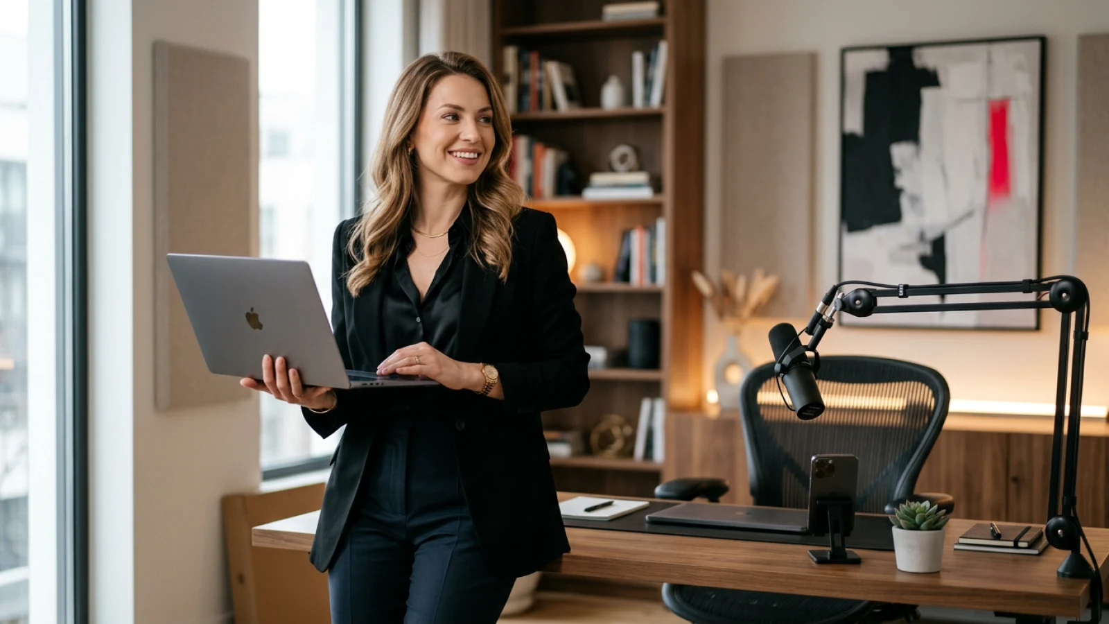 Stilvolle Frau in einem hochwertigen Creator- und Business-Setting, die sichtbar wird, ohne selbst Social Media managen zu müssen
