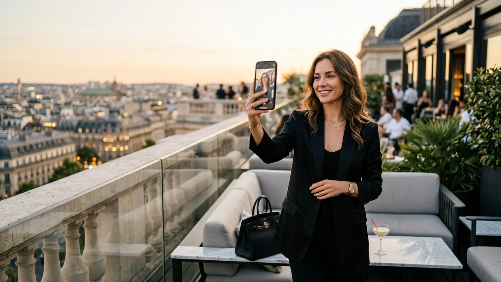 Stilvolle Frau in einem Lifestyle-Setting, die mit ihrem Smartphone Content erstellt und sichtbar wird